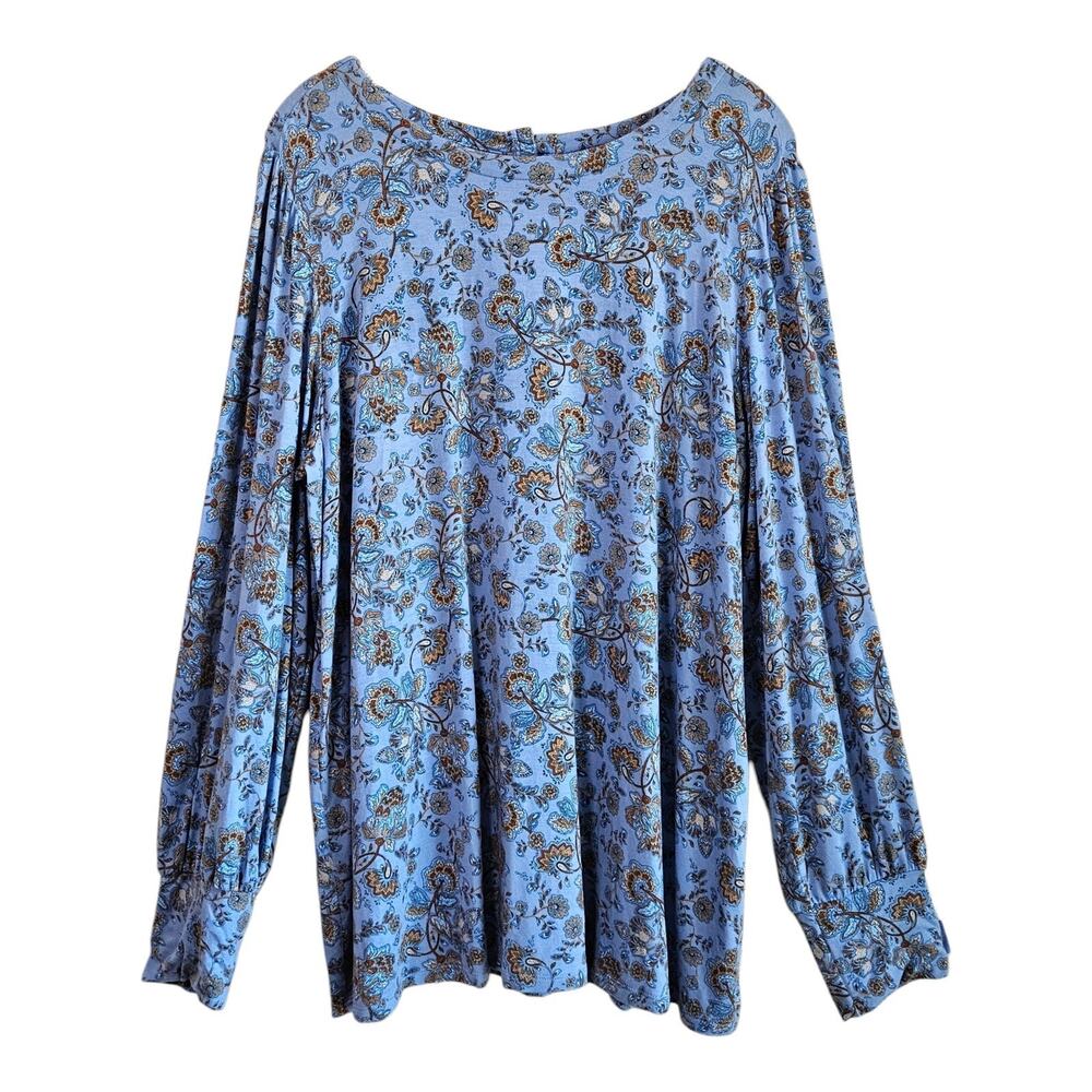 J JILL Women's Tall XL Tunic Top Floral Blue Brown Long Sleeve Tencel Blend 44"